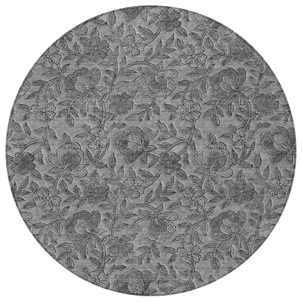 8' Gray Charcoal And Silver Round Floral Washable Indoor Outdoor Area Rug