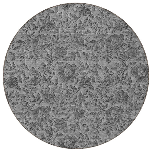 8' Gray Charcoal And Silver Round Floral Washable Indoor Outdoor Area Rug