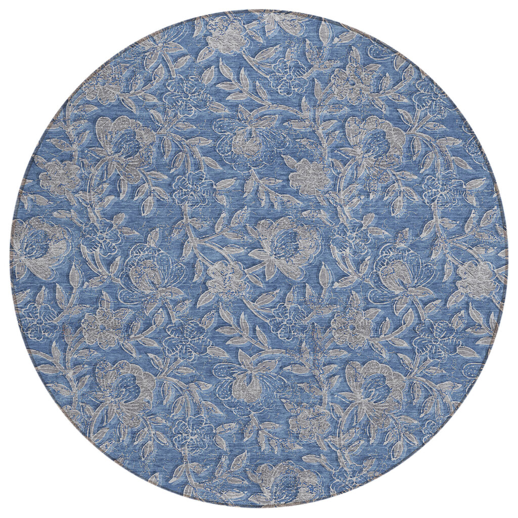8' Denim Blue And Taupe Round Floral Washable Indoor Outdoor Area Rug