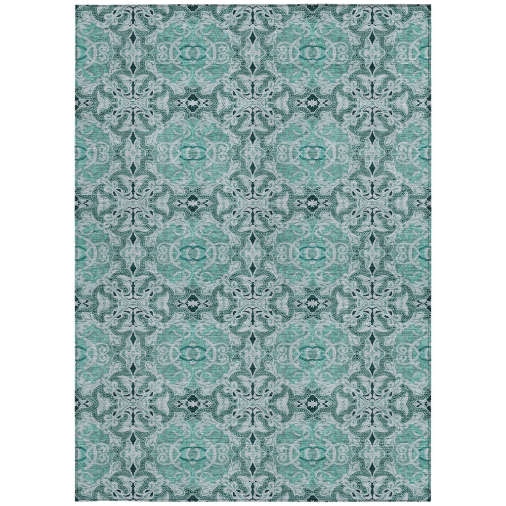 9' X 12' Teal Blue And Aqua Medallion Washable Indoor Outdoor Area Rug
