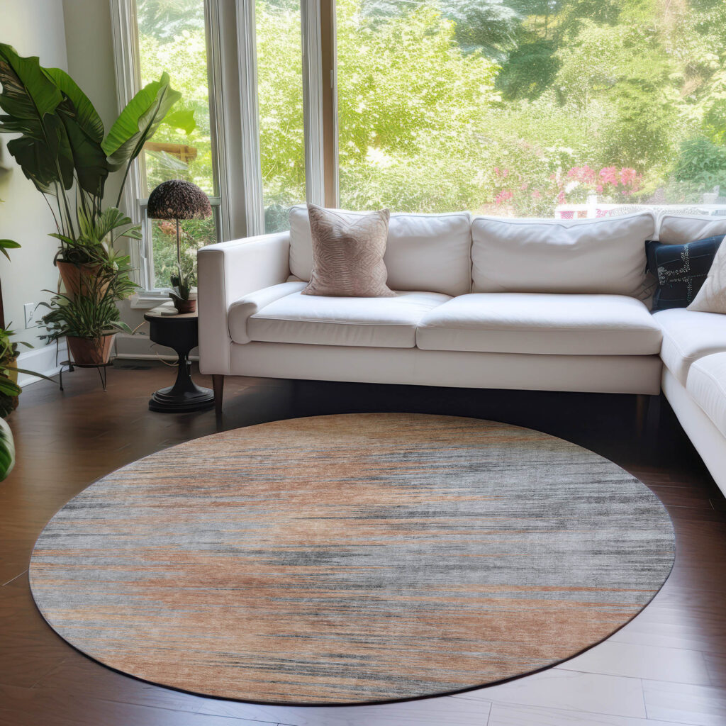 8' Salmon Gray And Charcoal Round Abstract Washable Indoor Outdoor Area Rug