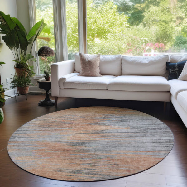 8' Salmon Gray And Charcoal Round Abstract Washable Indoor Outdoor Area Rug