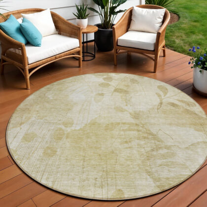 8' Beige Tan And Ivory Round Floral Washable Indoor Outdoor Area Rug