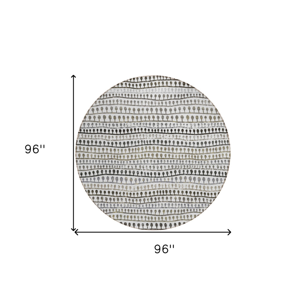 8' Ivory Taupe And Charcoal Round Striped Washable Indoor Outdoor Area Rug