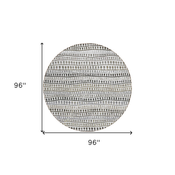 8' Ivory Taupe And Charcoal Round Striped Washable Indoor Outdoor Area Rug