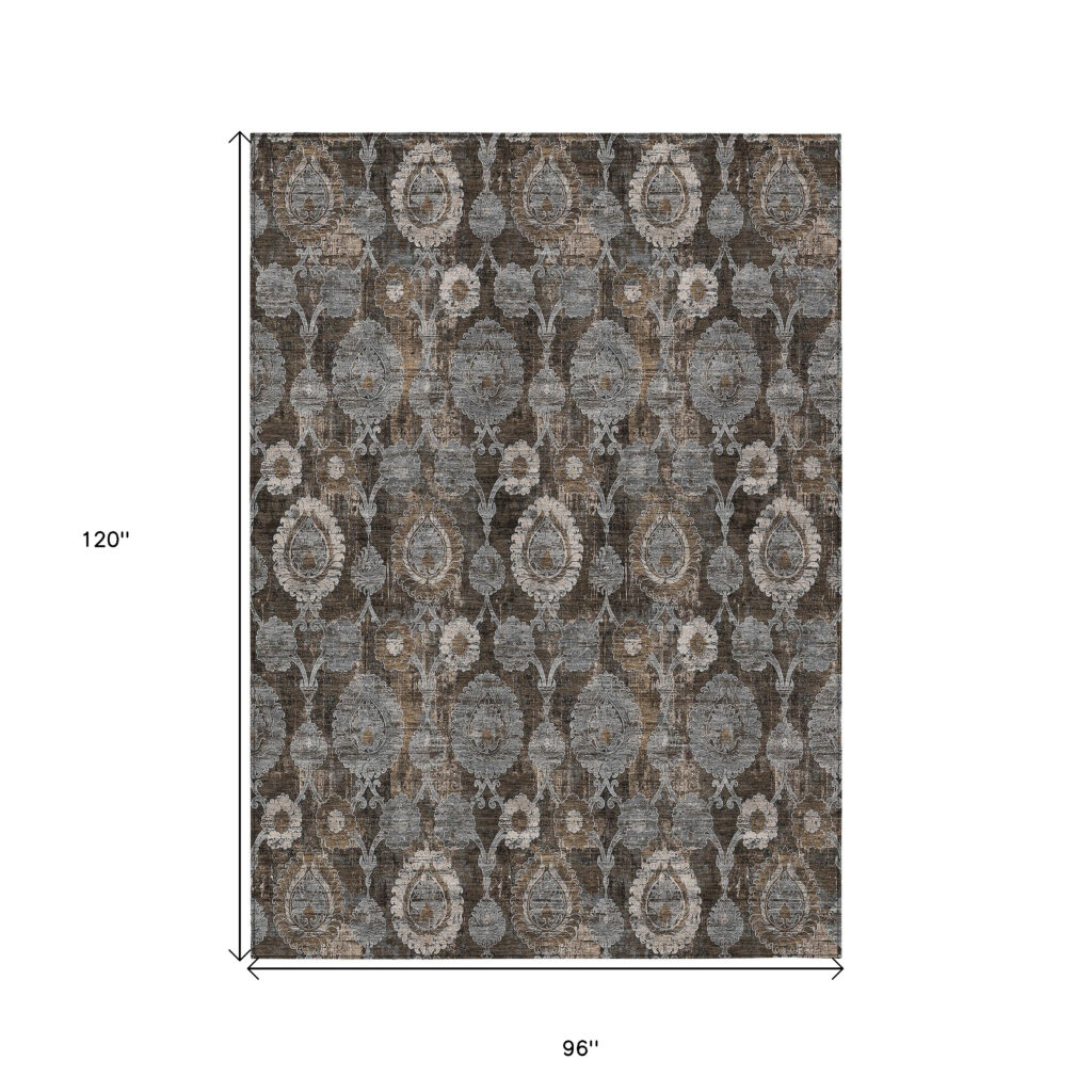 8' X 10' Brown And Beige Damask Washable Indoor Outdoor Area Rug