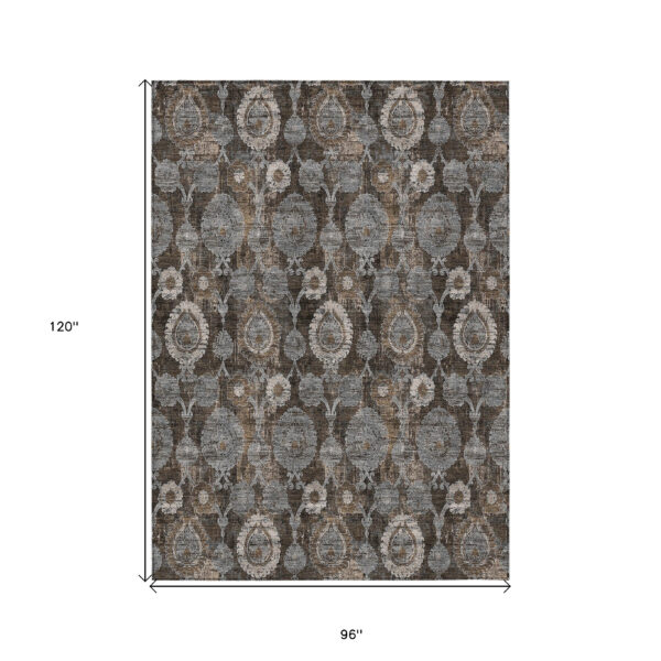 8' X 10' Brown And Beige Damask Washable Indoor Outdoor Area Rug