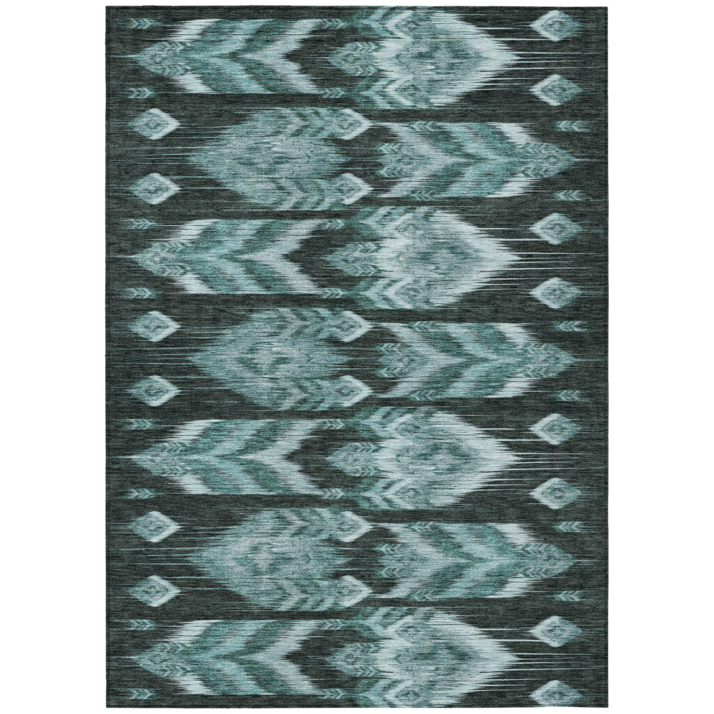 9' X 12' Teal Blue Aqua And Charcoal Southwestern Washable Indoor Outdoor Area Rug