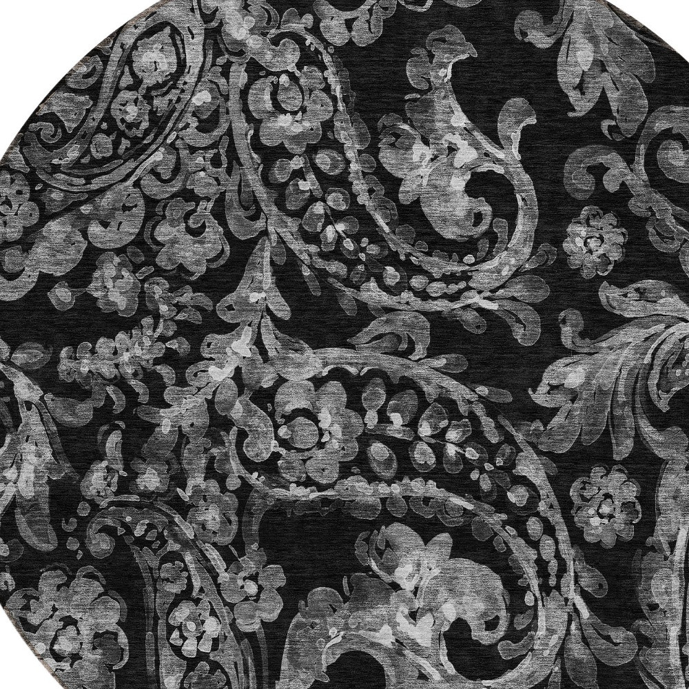 8' Black Gray And Charcoal Round Paisley Washable Indoor Outdoor Area Rug