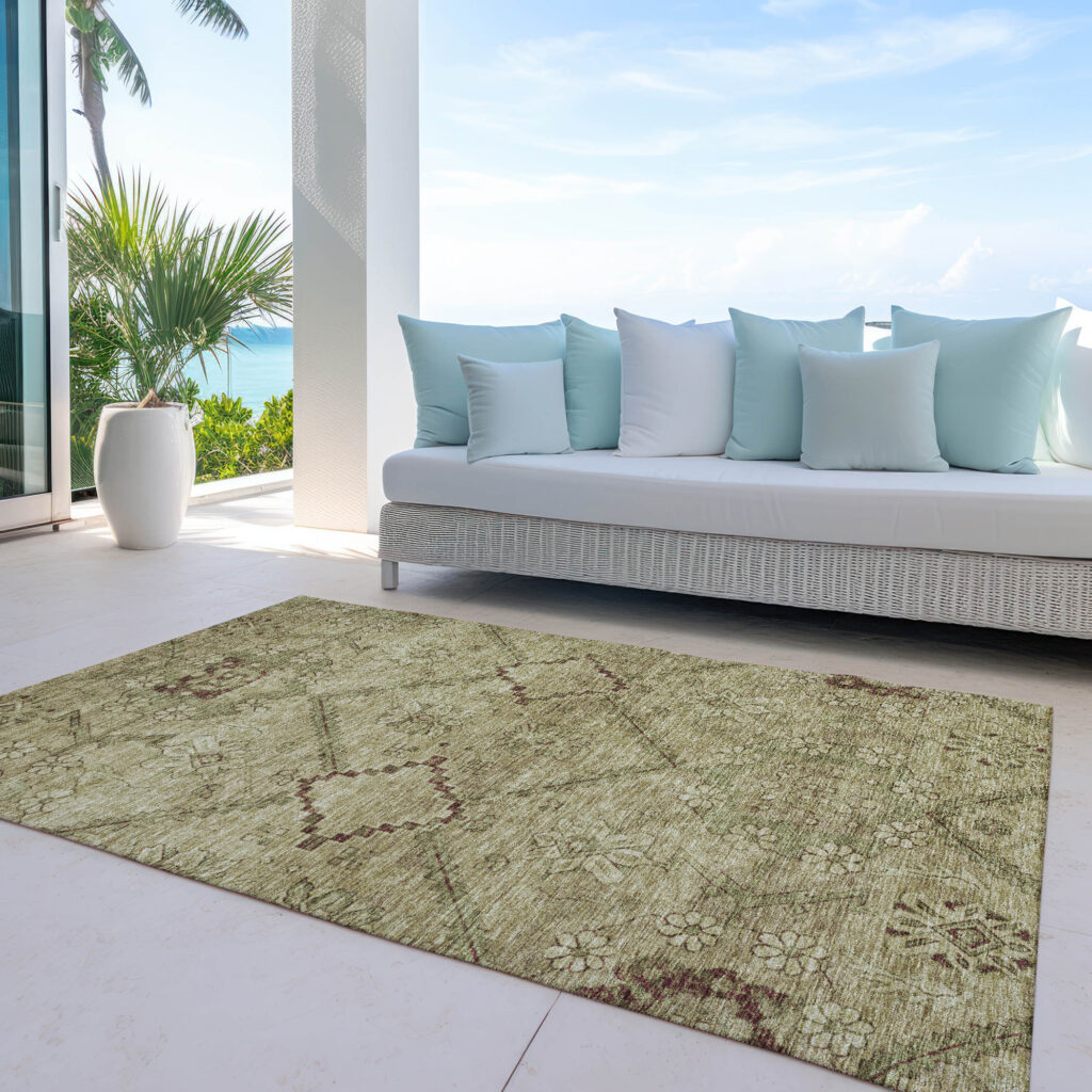 8' X 10' Brown Beige And Artichoke Green Floral Washable Indoor Outdoor Area Rug