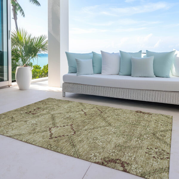 8' X 10' Brown Beige And Artichoke Green Floral Washable Indoor Outdoor Area Rug