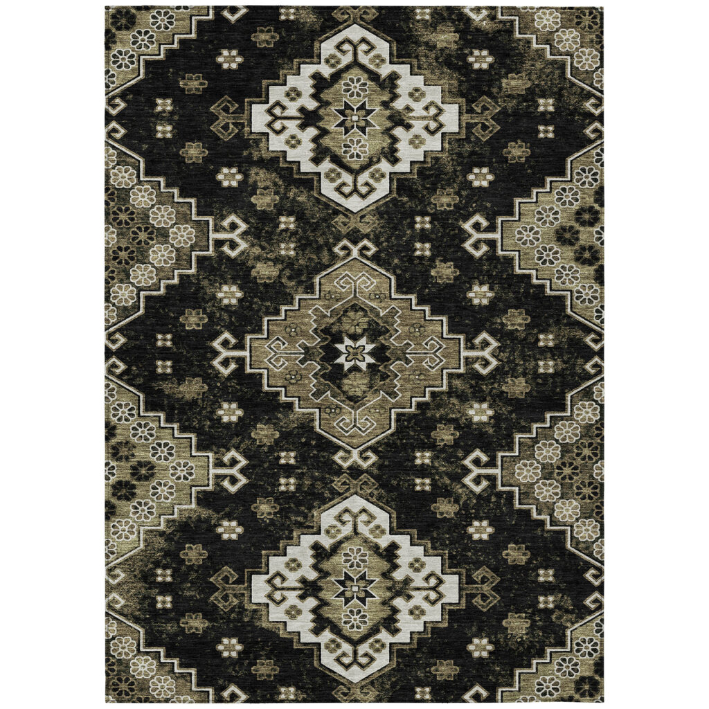 5' X 8' Black Ivory And Taupe Medallion Washable Indoor Outdoor Area Rug