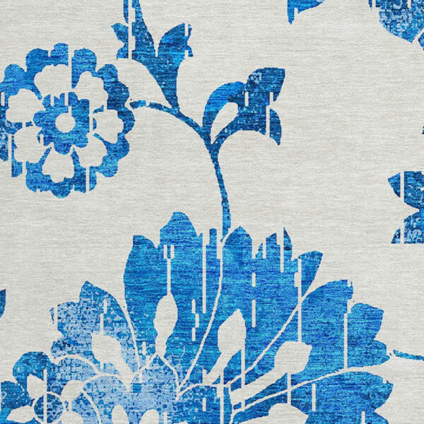 8' White And Denim Blue Round Floral Washable Indoor Outdoor Area Rug