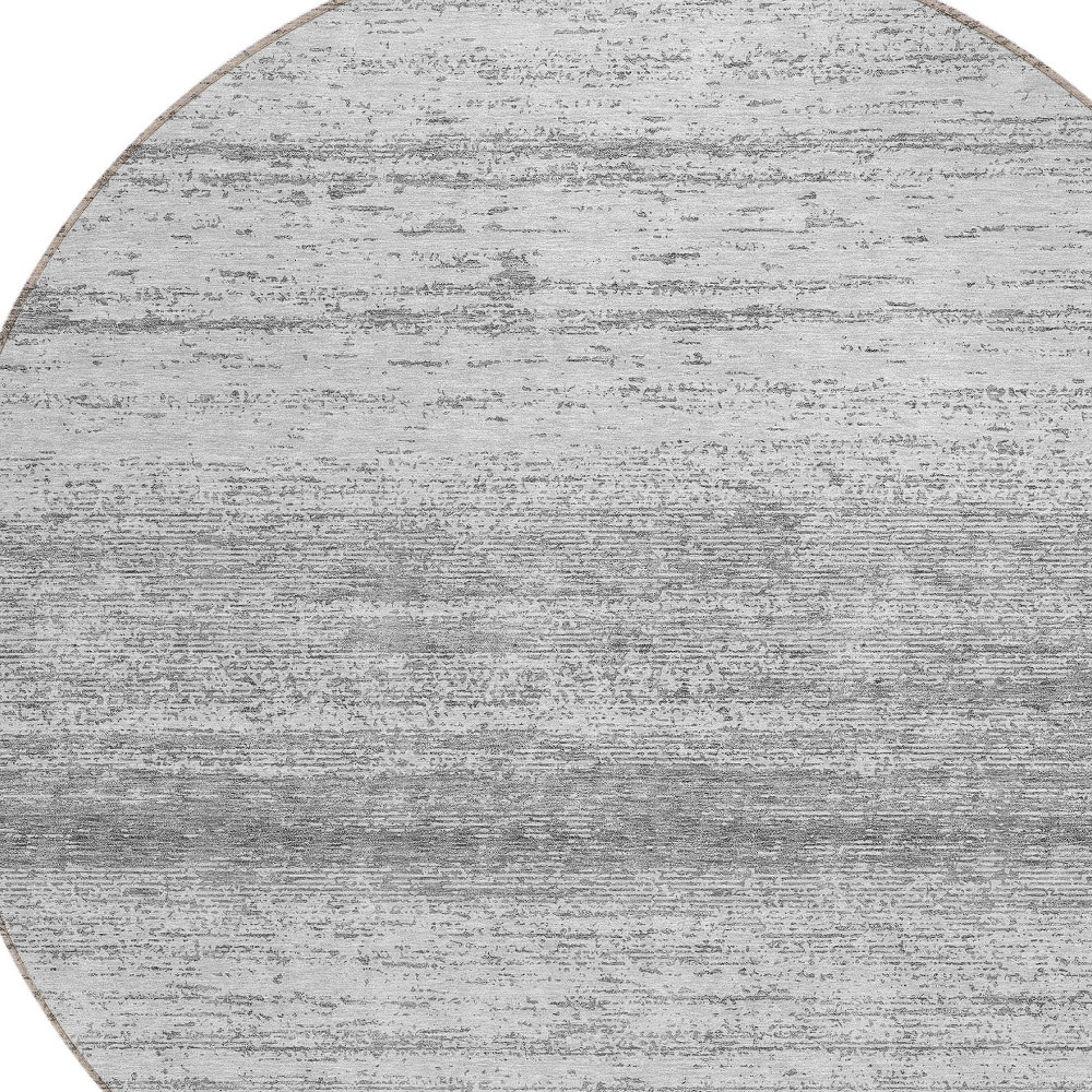 8' Gray And Silver Round Striped Washable Indoor Outdoor Area Rug