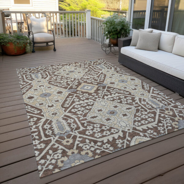 5' X 8' Chocolate Gray And Beige Floral Washable Indoor Outdoor Area Rug