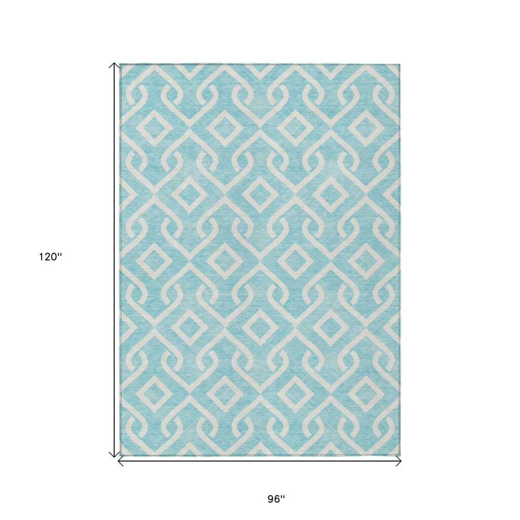8' X 10' Aqua And Ivory Geometric Washable Indoor Outdoor Area Rug
