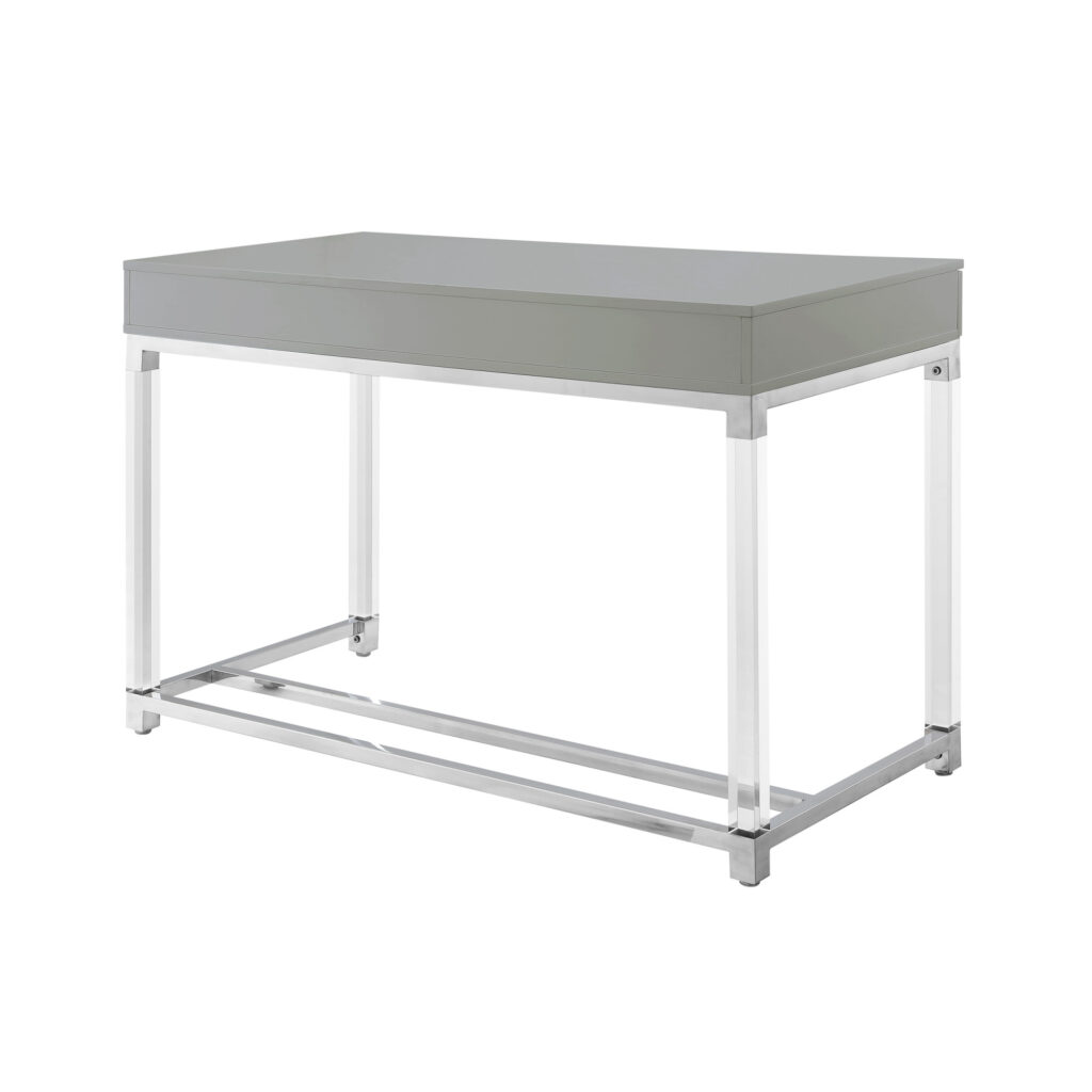 48" Light Gray Clear and Silver Wood Acrylic and Stainless Steel Writing Desk With Two Drawers