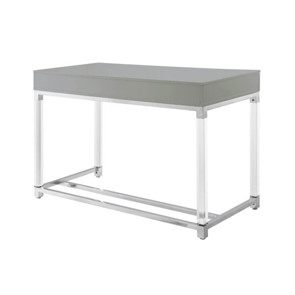 48" Light Gray Clear and Silver Wood Acrylic and Stainless Steel Writing Desk With Two Drawers