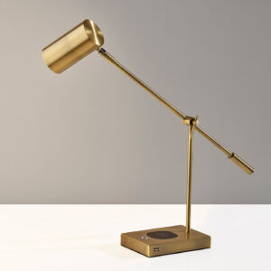 22" Antiqued Brass Metal Novelty Desk LED USB Table Lamp With Brass Drum Shade