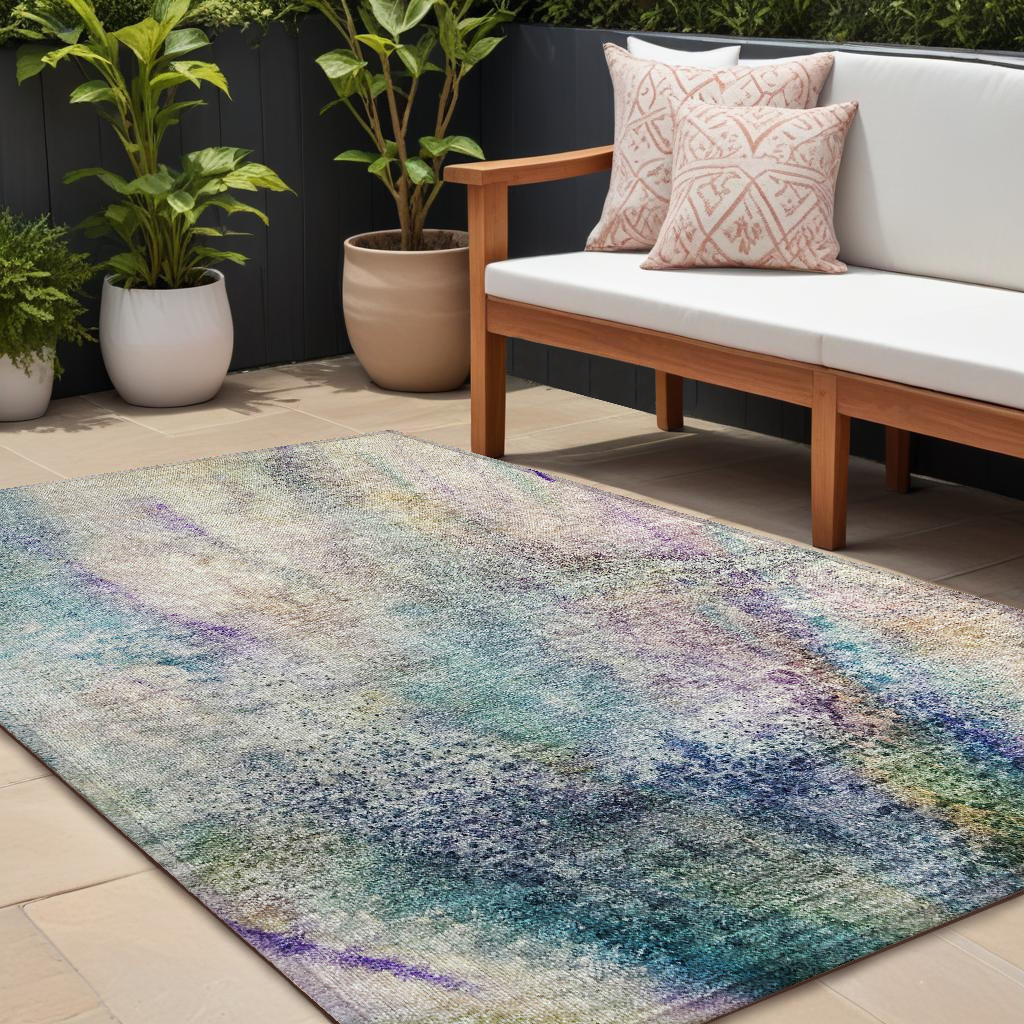 8' X 10' Beige Blue and Gray Abstract Washable Non Skid Indoor Outdoor Area Rug