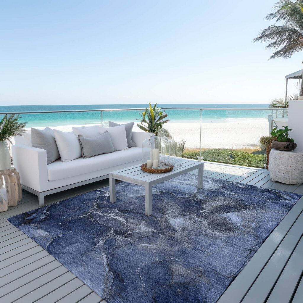5' X 8' Blue and Gray Abstract Washable Non Skid Indoor Outdoor Area Rug