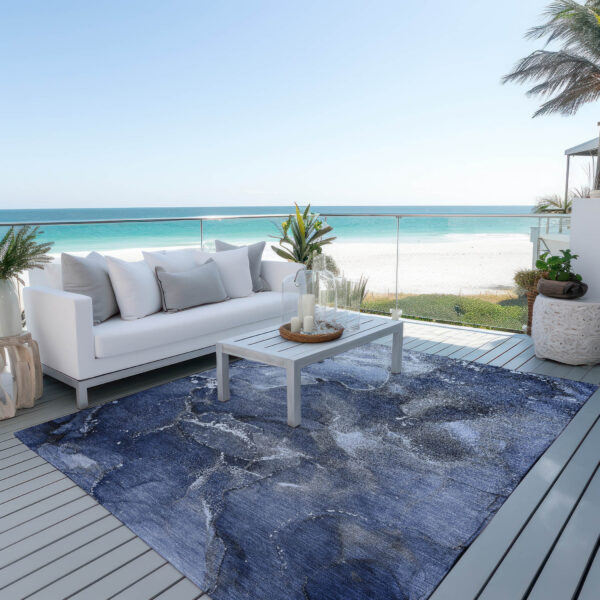 5' X 8' Blue and Gray Abstract Washable Non Skid Indoor Outdoor Area Rug