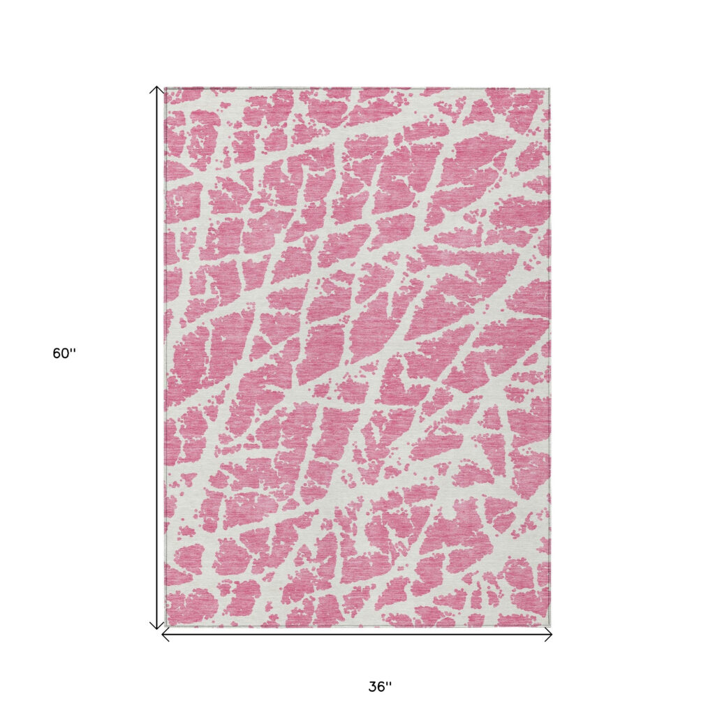 3' X 5' Pink and Ivory Abstract Washable Non Skid Indoor Outdoor Area Rug
