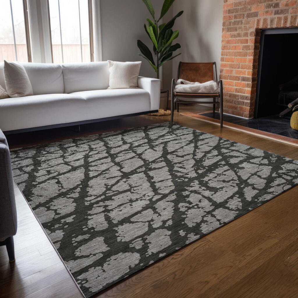 5' X 8' Gray and Black Abstract Washable Non Skid Indoor Outdoor Area Rug