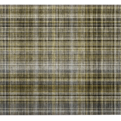 2' X 3' Green Beige and Gray Plaid Washable Non Skid Indoor Outdoor Area Rug