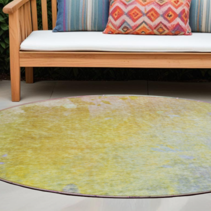 8' Round Blue Gold and Wheat Round Abstract Washable Non Skid Indoor Outdoor Area Rug