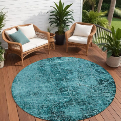 8' Round Teal Round Abstract Washable Non Skid Indoor Outdoor Area Rug