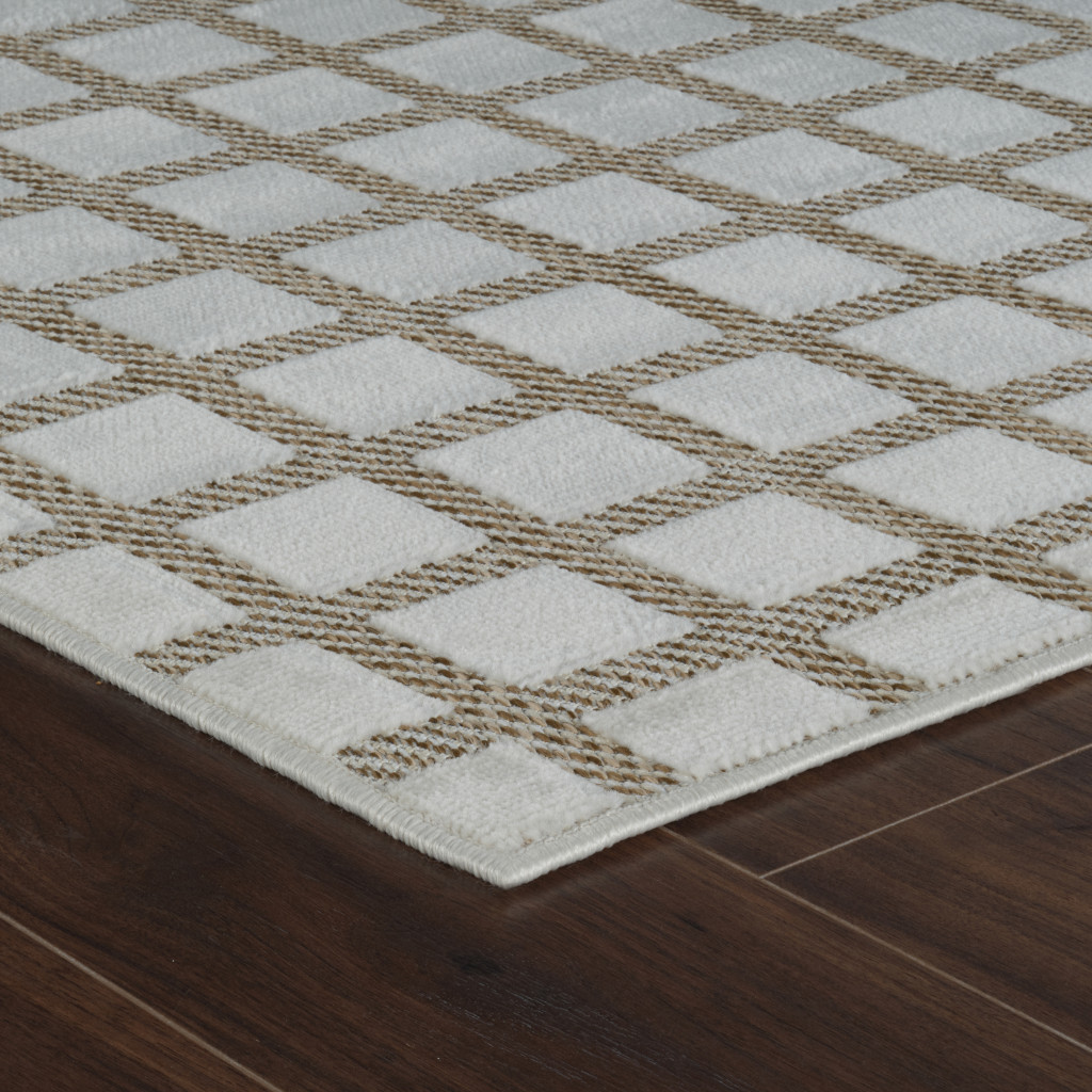 10' Cream and Beige Geometric Distressed Indoor Outdoor Runner Rug
