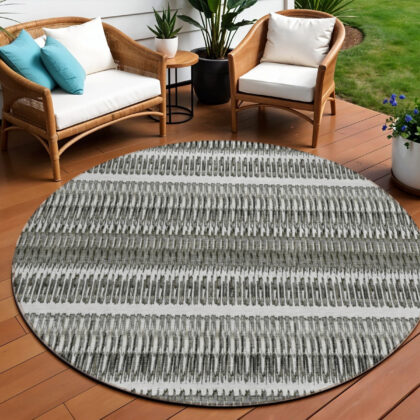 8' Gray Charcoal And Ivory Round Striped Washable Indoor Outdoor Area Rug