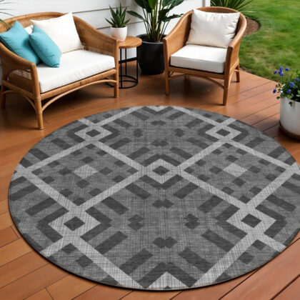8' Charcoal Gray And Silver Round Geometric Washable Indoor Outdoor Area Rug