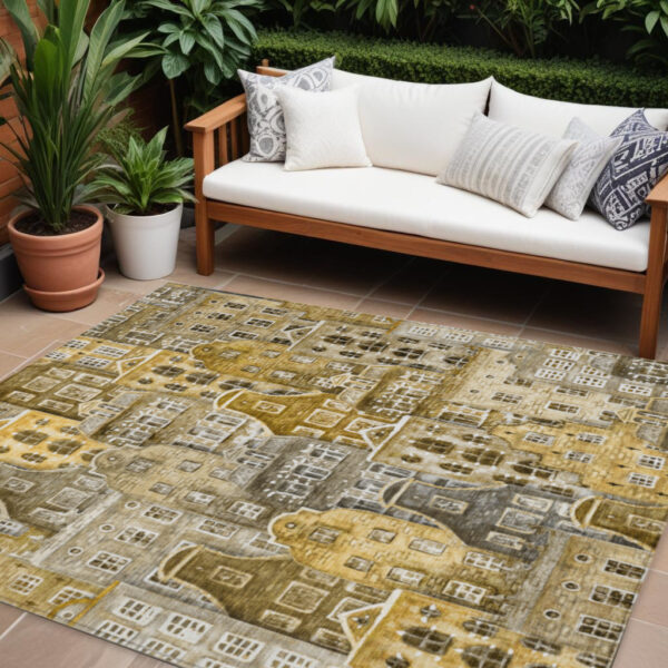 8' X 10' Brown Taupe And Gold Village Houses Washable Indoor Outdoor Area Rug