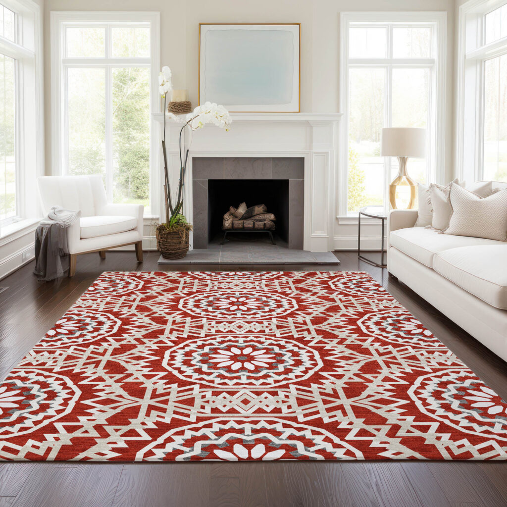 9' X 12' Red Beige And Ivory Floral Medallion Washable Indoor Outdoor Area Rug