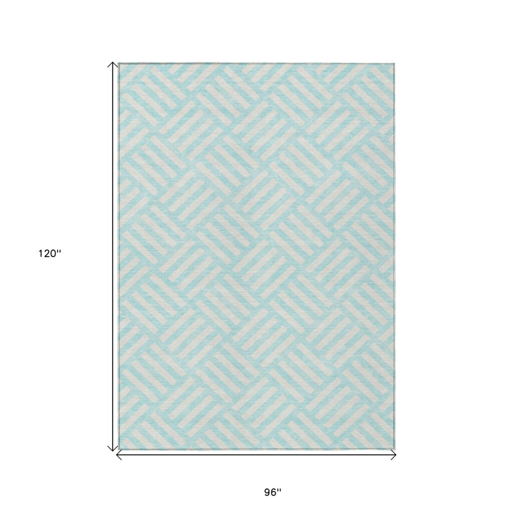 8' X 10' Aqua And Ivory Geometric Washable Indoor Outdoor Area Rug