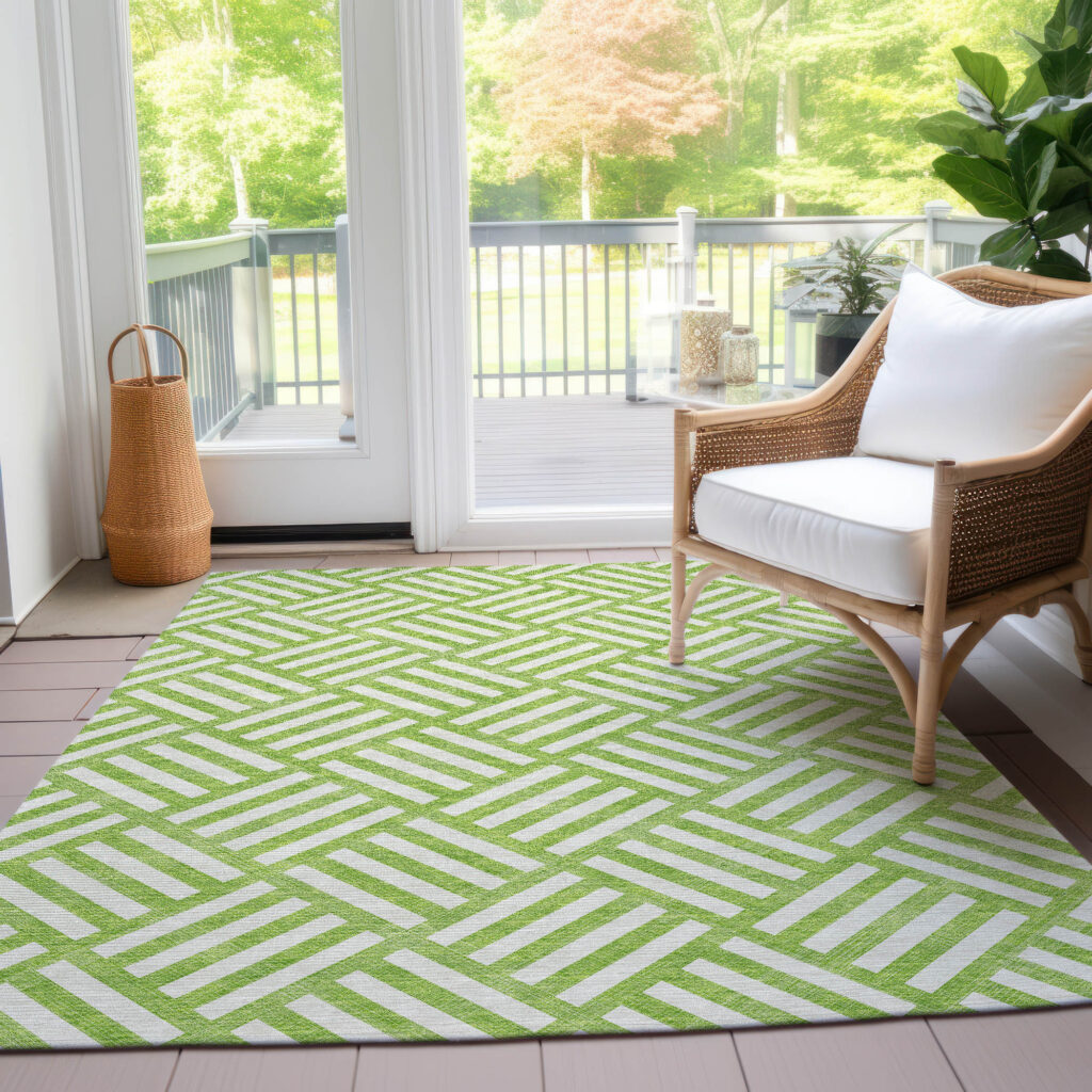5' X 8' Lime Green And Ivory Geometric Washable Indoor Outdoor Area Rug