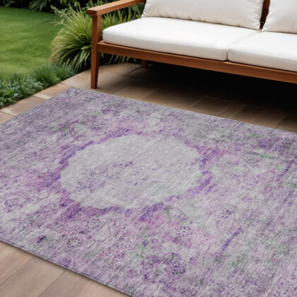 8' X 10' Purple Lavender And Gray Oriental Washable Indoor Outdoor Area Rug