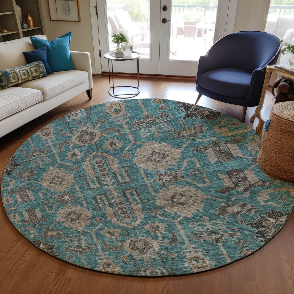 8' Teal Blue Aqua And Beige Round Oriental Washable Indoor Outdoor Area Rug
