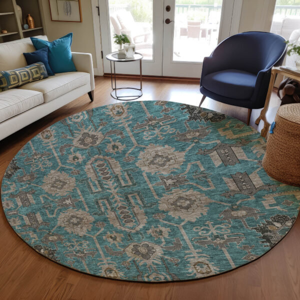 8' Teal Blue Aqua And Beige Round Oriental Washable Indoor Outdoor Area Rug