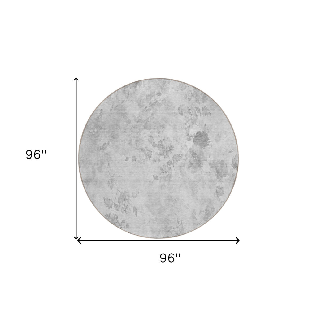 8' Gray Charcoal And Silver Round Floral Washable Indoor Outdoor Area Rug
