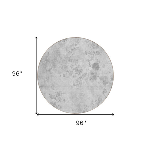 8' Gray Charcoal And Silver Round Floral Washable Indoor Outdoor Area Rug