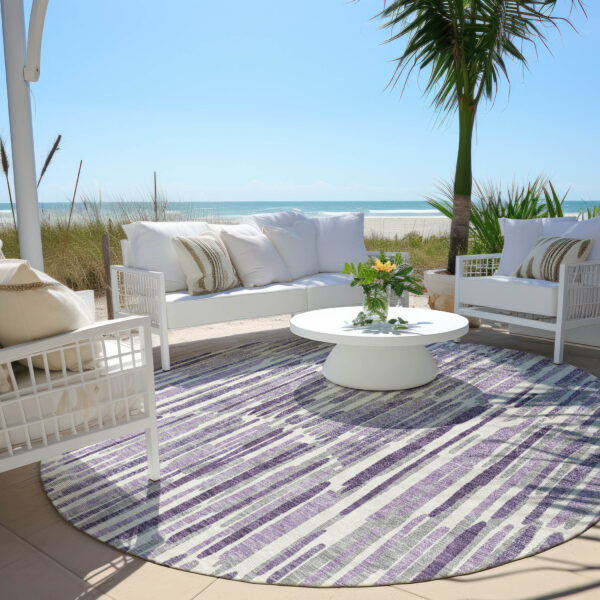 8' Purple Ivory And Lavender Round Abstract Washable Indoor Outdoor Area Rug
