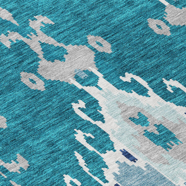 9' X 12' Teal Blue Navy Blue And Gray Ikat Washable Indoor Outdoor Area Rug