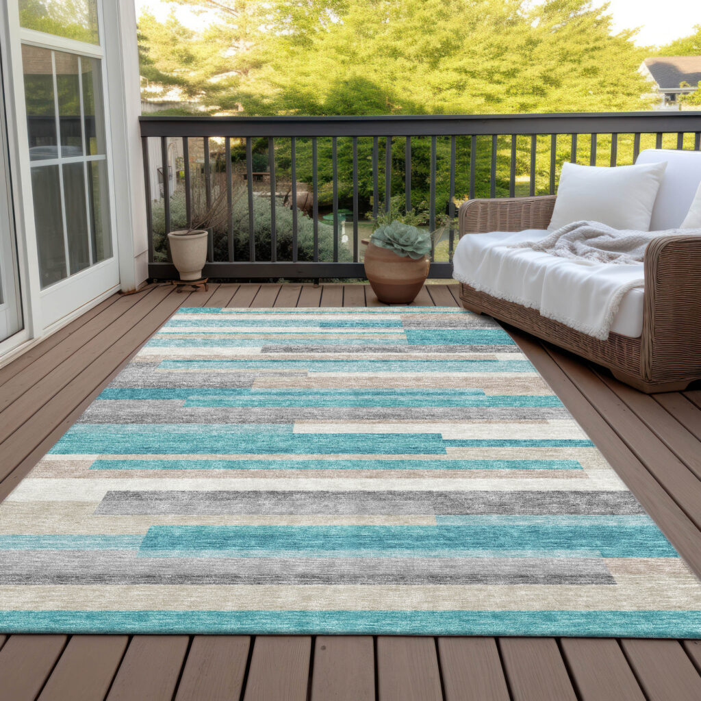 3' X 5' Teal Blue Gray And Beige Striped Washable Indoor Outdoor Area Rug