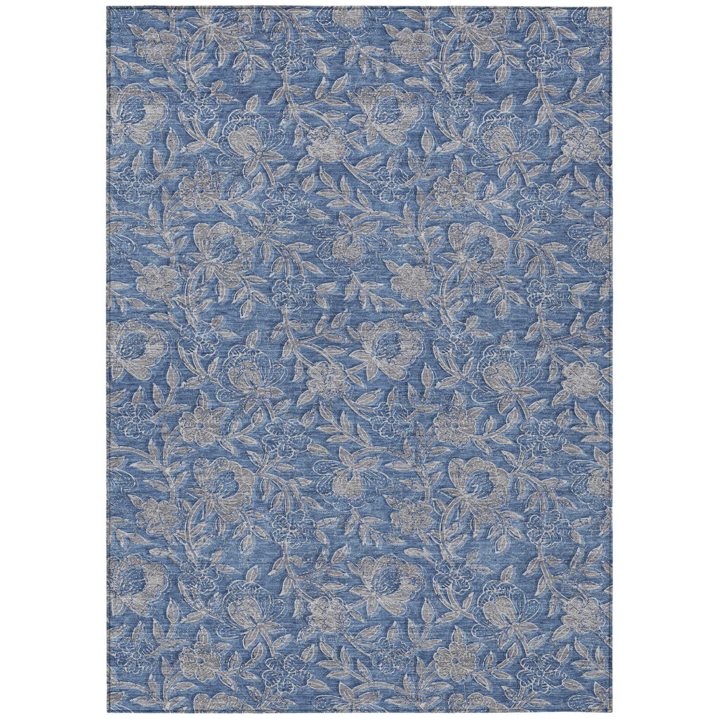 5' X 8' Denim Blue And Taupe Floral Washable Indoor Outdoor Area Rug