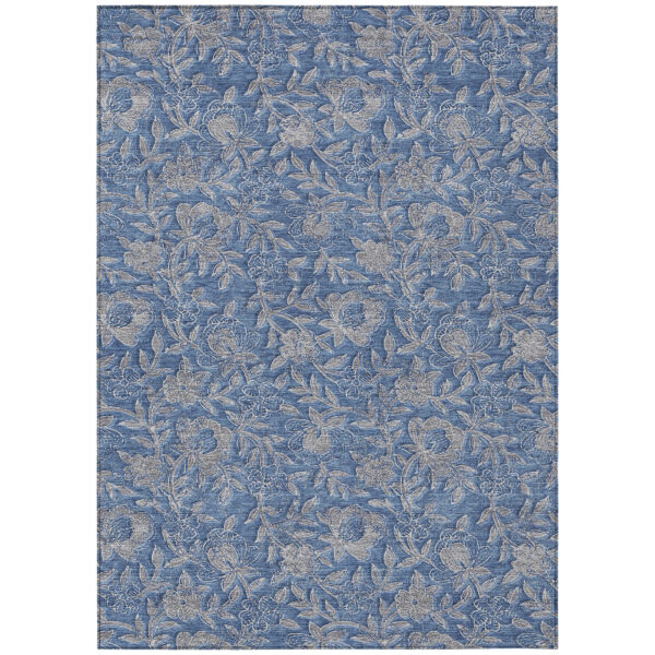 5' X 8' Denim Blue And Taupe Floral Washable Indoor Outdoor Area Rug