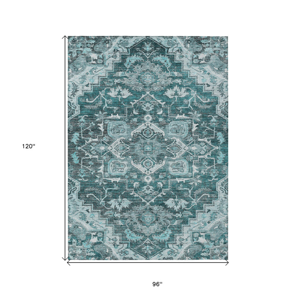 8' X 10' Teal Blue Gray And Charcoal Oriental Washable Indoor Outdoor Area Rug