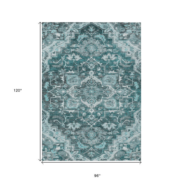 8' X 10' Teal Blue Gray And Charcoal Oriental Washable Indoor Outdoor Area Rug